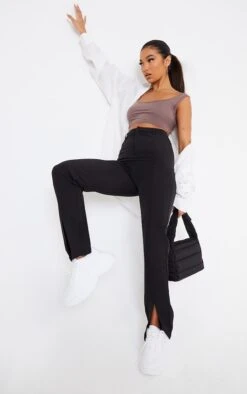 Pantalon Droit En Maille Noire à Ourlets Fendus