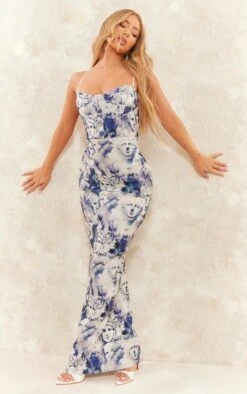 Robe Longue Bleue Imprimé Renaissance Tissée Stretch à Boutons Et Bretelles