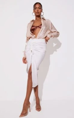 Jupe Mi-longue En Maille Tissée Très Froncée Blanche