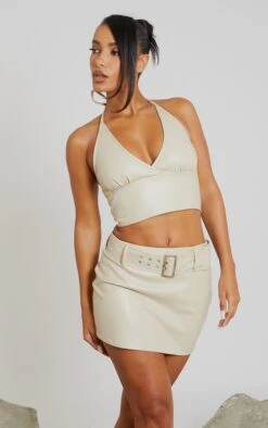 Crop Top Dos Nu En Similicuir Gris Pierre