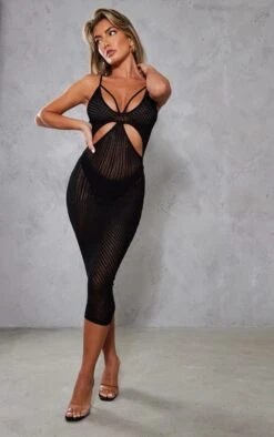 Robe Mi-longue Noire En Maille Pointelle à Parties Contrastantes