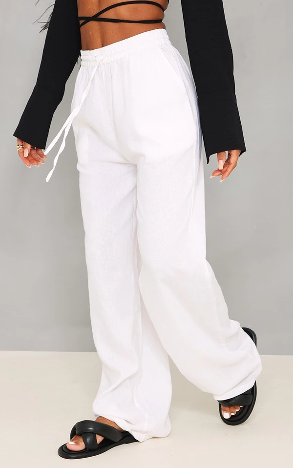 Pantalon Large Effet Lin Blanc à Cordons élastiques – Image 2