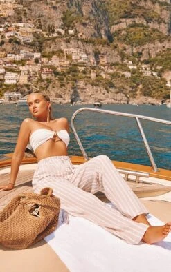 Pantalon Droit Effet Lin Gris Pierre à Rayures