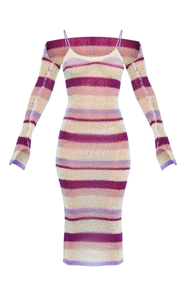 Robe Longue En Maille Tricot Ajourée à Rayures Lilas Et Manches – Image 5