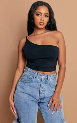 Crop Top Asymétrique En Jersey Noir à Détail Contours Et Bretelle Torsadée