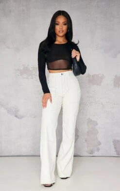 Crop Top Noir à Partie Contrastante Et Manches Longues